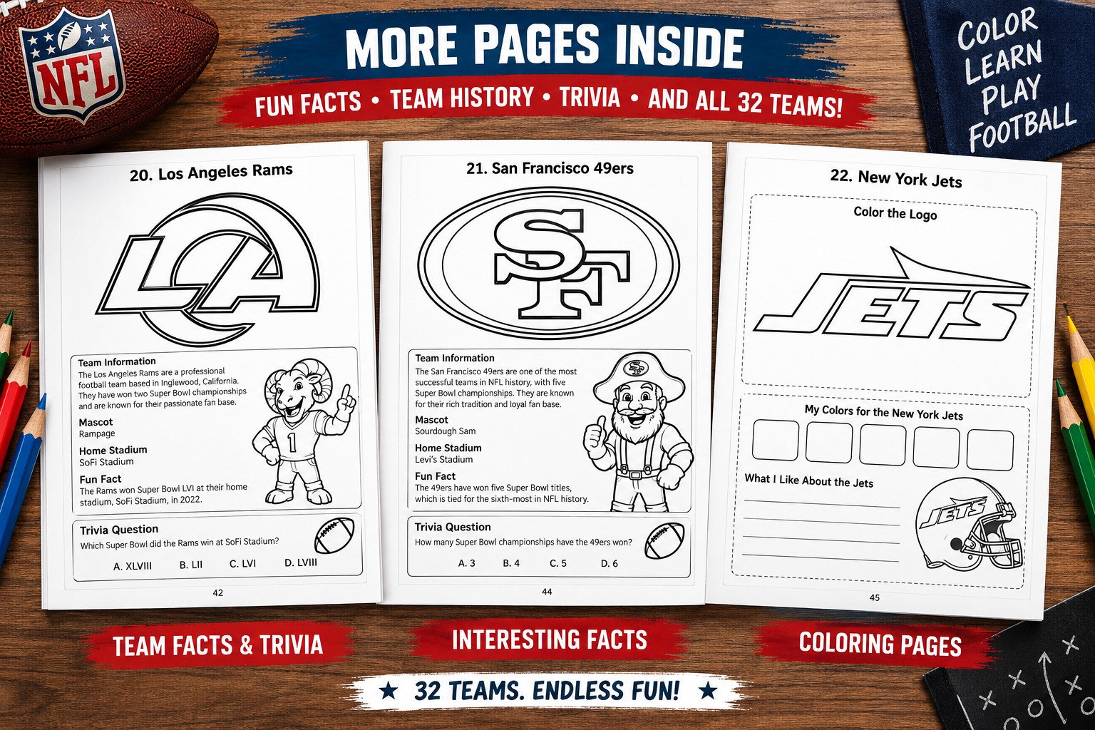 NFL Football Coloring Book sample page — team logo and facts