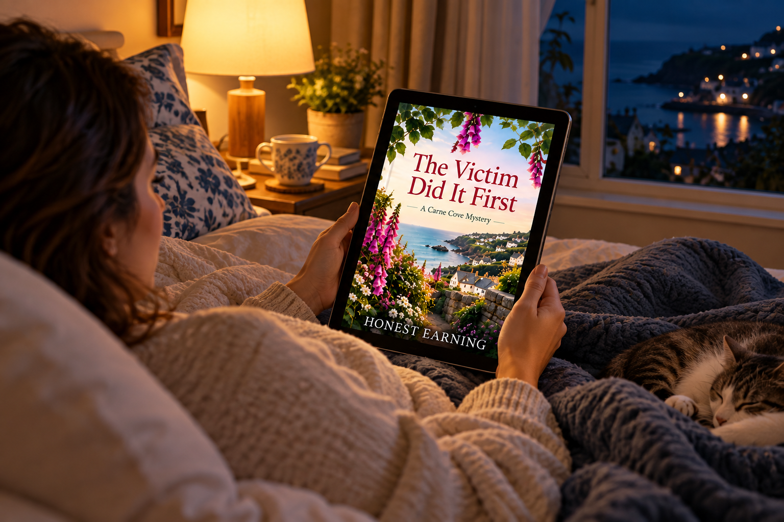 Reader enjoying The Victim Did It First cozy mystery novel