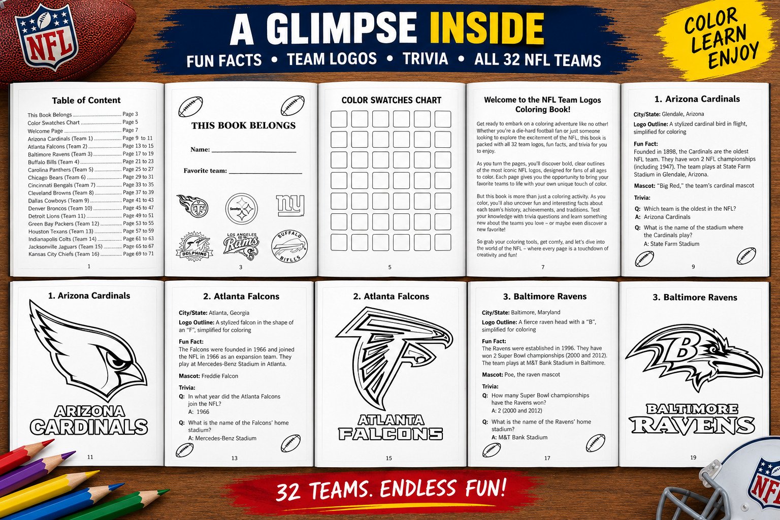 NFL Football Coloring Book sample page — football trivia