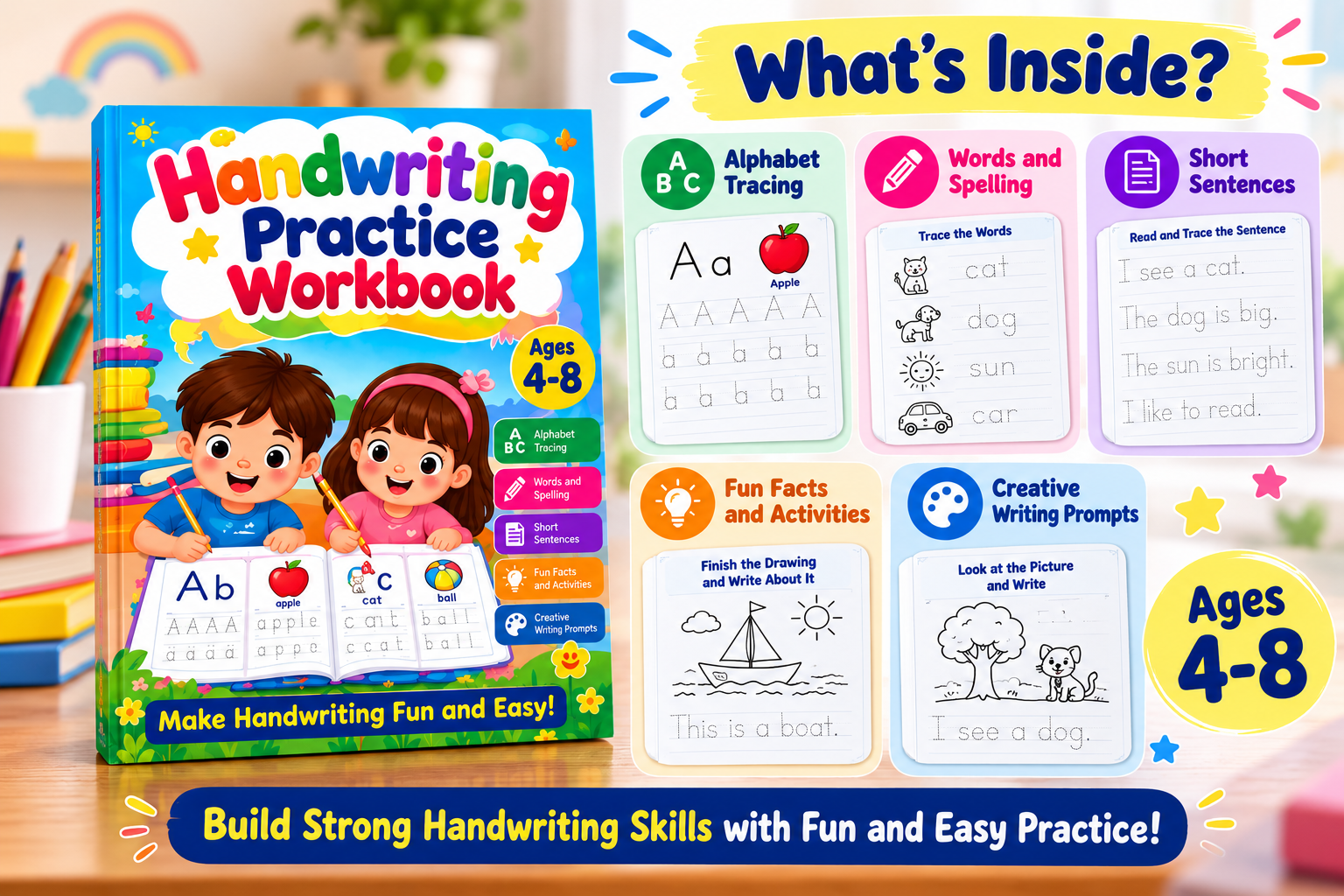 Inside pages of the Handwriting Practice Workbook showing letter tracing, fun fact, and challenge pages